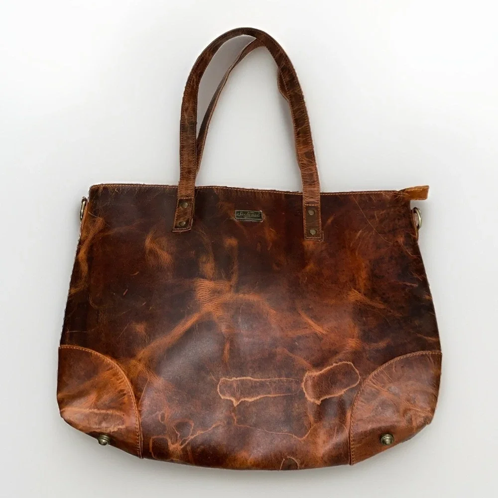 Sixtease Distressed Brown Leather Tote Shoulder Bag Rustic Boho Large